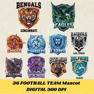 36 Football Team Mascot PNG Bundle, Retro Mascot Emblem Clipart, Game Day Design,, School Spirit Sublimation, Sublimation PNG Download
