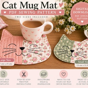 Patchwork Cat Mug Mat PDF Pattern, Beginner Sewing Project, 2 Sizes (Digital Download)