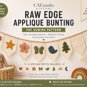 Puede incluir: Un patrón de costura en PDF para banderines con apliques de borde sin rematar de CAEstudio & Designs. Incluye 8 motivos: corazón, estrella, flor, mariposa, pájaro, árbol, nube y luna creciente. Ofrece 3 tamaños de bandera: pequeño 10x12 cm, mediano 14x16 cm, grande 18x21 cm.