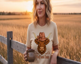 Fluff & Sass Highland Cow Tee – Western Cowgirl Farm Graphic Shirt