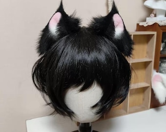 Pluche zwarte kattenoortjes hoofdband, realistisch kattenoortjes cosplay accessoire van imitatiebont