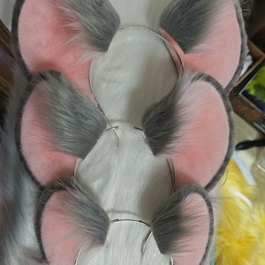 Realistic Faux Fur Mouse Ears Headband, Grey Pink Animal Costume Accessory large