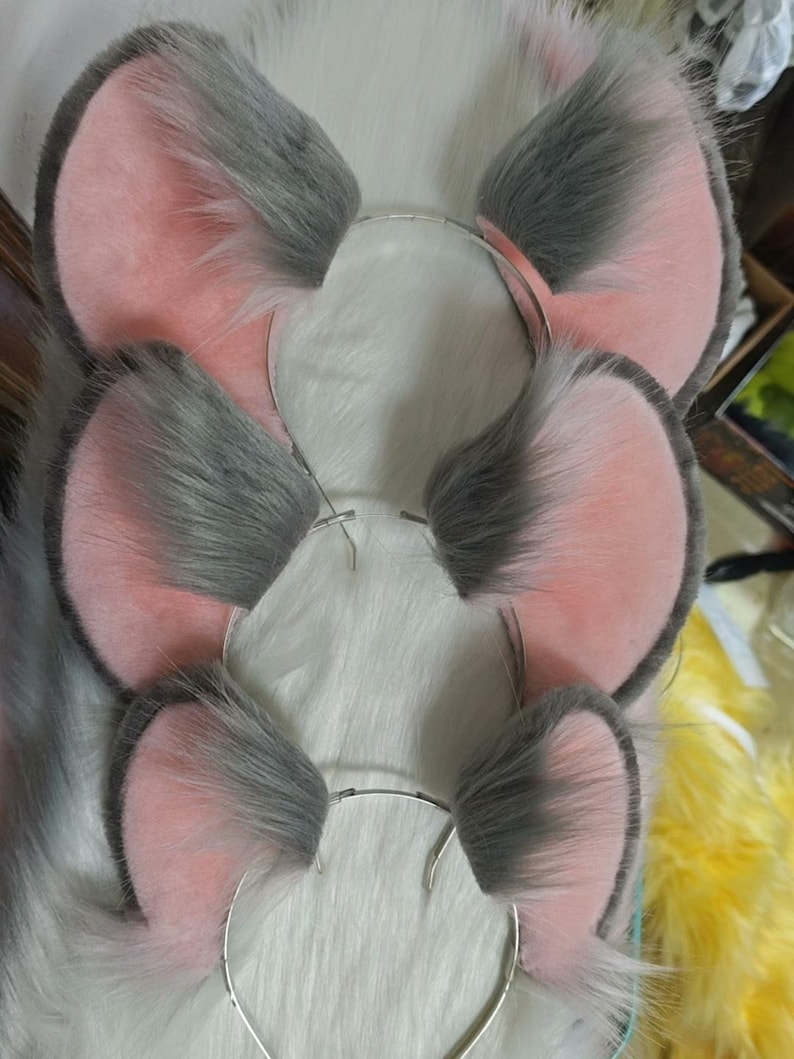 Realistic Faux Fur Mouse Ears Headband, Grey Pink Animal Costume Accessory large