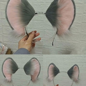 Realistic Faux Fur Mouse Ears Headband, Grey Pink Animal Costume Accessory image 3