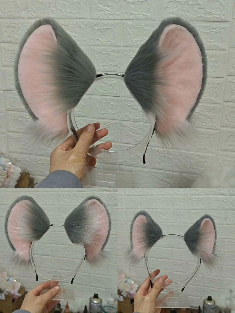 Realistic Faux Fur Mouse Ears Headband, Grey Pink Animal Costume Accessory image 3