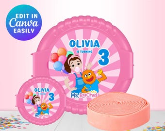 May include: A digital bubble tape template featuring a pink circular design with a cartoon character, balloons, and the text Olivia is turning 3 Ms. Rachel. The graphic includes a large and small container label and a roll of pink bubble tape.