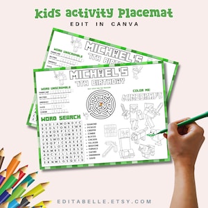 Peut inclure: Un set de table d'activités pour enfants imprimable avec un design d'anniversaire sur le thème Minecraft pour les 7 ans de Michael. La feuille blanche comprend un jeu de mots, un labyrinthe circulaire, une recherche de mots et des dessins.