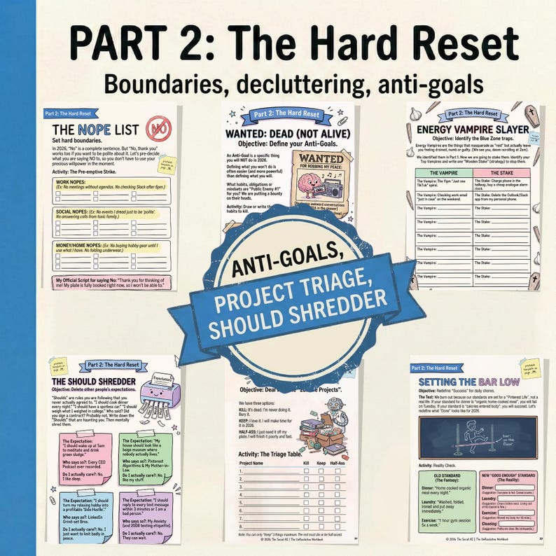 May include: A collection of five printed worksheets titled Part 2: The Hard Reset, featuring sections like The Nope List, Wanted: Dead, Energy Vampire Slayer, The Should Shredder, and Setting the Bar Low, with a blue banner overlay reading Anti-Goals, Project Triage, Should Shredder.