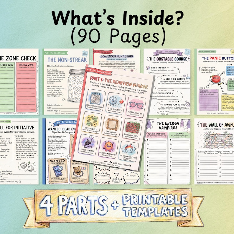 May include: A 90-page workbook featuring various activity sheets with headings like The Zone Check, The Non-Streak, The Obstacle Course, The Panic Button, Call for Initiative, The Energy Vampires, and The Wall of Awful, plus a central Part 1 sheet.