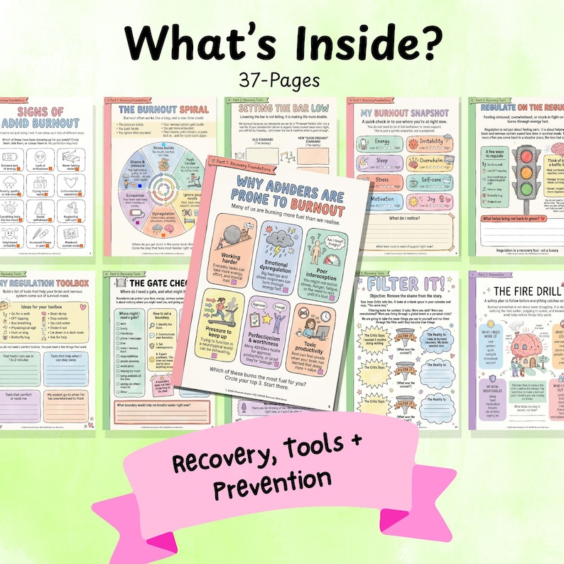 May include: A collection of 37-page printable worksheets with the title "What's Inside?" and the subtitle "Recovery, tools + Prevention." The pages feature colorful illustrations and text on topics like ADHD burnout, stress, and self-care.