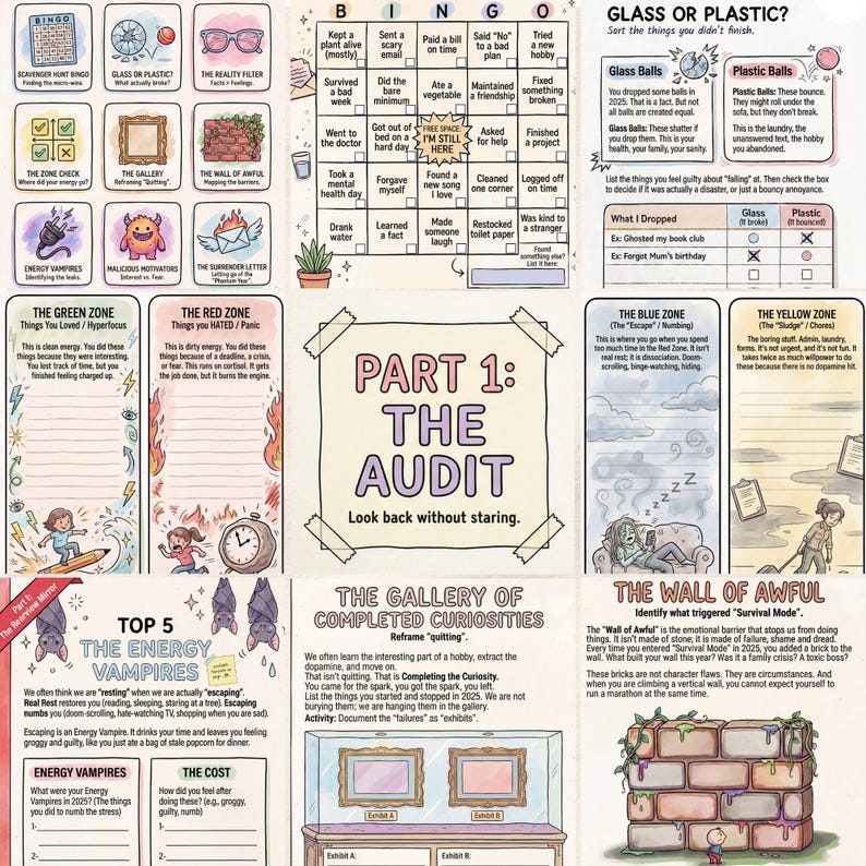 May include: A multi-page printable planner set featuring illustrated sections titled Part 1: The Audit, The Gallery of Completed Curiosities, and The Wall of Awful. The pages include bingo cards, charts, and checklists with colorful cartoon graphics.