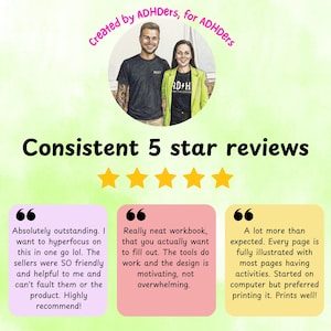May include: An illustration with the text "Created by ADHDers, for ADHDers" and "Consistent 5 star reviews." The image includes a portrait of two people and three customer reviews with positive feedback.