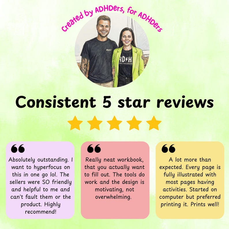 May include: An illustration with the text "Created by ADHDers, for ADHDers" and "Consistent 5 star reviews." The image includes a portrait of two people and three customer reviews with positive feedback.
