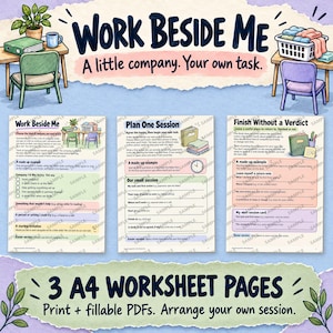 ADHD Body Doubling Planner: Work Beside Me, Printable and Fillable A4 Worksheets