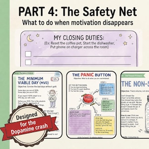May include: A multi-page instructional document titled PART 4: The Safety Net, featuring sections on closing duties, the minimum viable day, and a panic button. The pages include checklists, text, and a red button illustration for managing motivation.