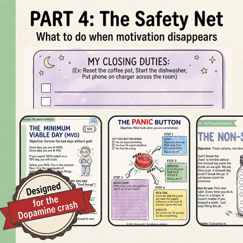 May include: A multi-page instructional document titled PART 4: The Safety Net, featuring sections on closing duties, the minimum viable day, and a panic button. The pages include checklists, text, and a red button illustration for managing motivation.