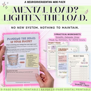 May include: A 9-page digital printable A4 PDF mini pack titled Mental Load? Lighten the Load. Includes worksheets like Plugging the Holes in Your Bucket, Project Triage, and The Should Shredder, featuring illustrations of a wooden bucket and robot.