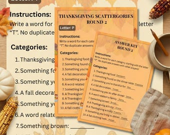 Erntedank Scattergories Spiel Printable | Herbstparty-Aktivität für Kinder und Erwachsene | Freunde geben Abendessen Spiel | 2 Runden + Antwortschlüssel PDF