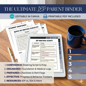Puede incluir: Un archivador digital para padres de IEP, titulado "The Ultimate IEP Parent Binder", se muestra en una tableta. El archivador incluye listas de verificación, guiones y rastreadores. Una taza azul y un bolígrafo también están sobre la superficie de madera.