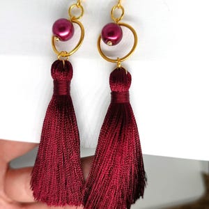 Burgundy Tassel Earrings • Long Silk Fringe Earrings • Statement Dangle Earrings