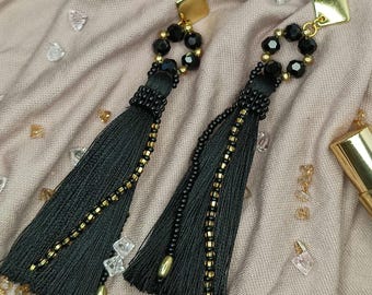 Pendientes largos de borla de seda • Pendientes de borla negra • Pendientes de regalo para ella
