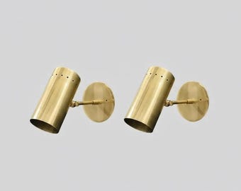 Pair of Mid Century Cylindrical Shape Raw Brass Italian Wall Light Sconce Fixtures - Bedroom Lights - Vanity Lights