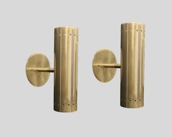 Pair of Mid Century Cylindrical Wall Lamp Sconce Raw Brass: Italian Wall Light Sconce Fixtures - Bedroom Lights - Vanity Lamps
