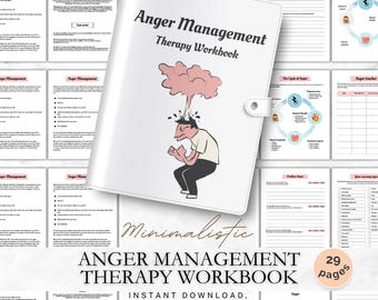 May include: A white workbook titled "Anger Management Therapy Workbook" with a cartoon illustration of a person with a cloud above their head. The workbook includes pages with prompts and diagrams. The text "Minimalistic" and "29 pages" are also visible.