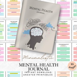 May include: A beige Mental Health Journal with the title on the cover. The cover features a silhouette of a head with a brain and thought bubbles. The journal is surrounded by pages with prompts and checklists. The text "Minimalistic" and "Instant Download, Undated Printables" are also visible.