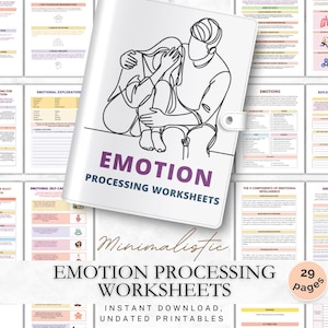 Peut inclure: Un classeur blanc avec l'inscription "EMOTION PROCESSING WORKSHEETS" en violet et blanc. La couverture présente un dessin au trait de deux personnes s'embrassant. L'image montre également plusieurs pages de feuilles de travail avec des titres tels que "Exploration émotionnelle".
