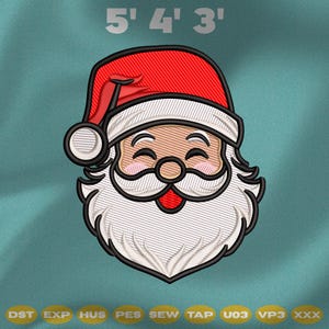 May include: Embroidered Santa Claus face with a red hat and white beard. The text "5' 4' 3'" is above the Santa face. Below the Santa face are the abbreviations "DST EXP HUS PES SEW TAP U03 VP3 XXX".