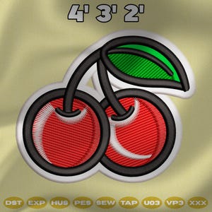 Puede incluir: Parche bordado con dos cerezas rojas con tallos negros y una hoja verde, sobre un fondo amarillo claro. Las cerezas tienen un contorno blanco. El texto "4' 3' 2" está en la parte superior. Formatos de máquina de bordar en la parte inferior.