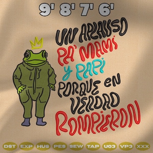 Puede incluir: Ilustración de una rana verde con mono y corona dorada. El texto en español dice "UN APLASSO PA' MAMS Y PAPI PORQUE EN VERDAD ROMPIERON". La imagen está sobre un fondo beige con los números 9, 8, 7 y 6 en la parte superior.