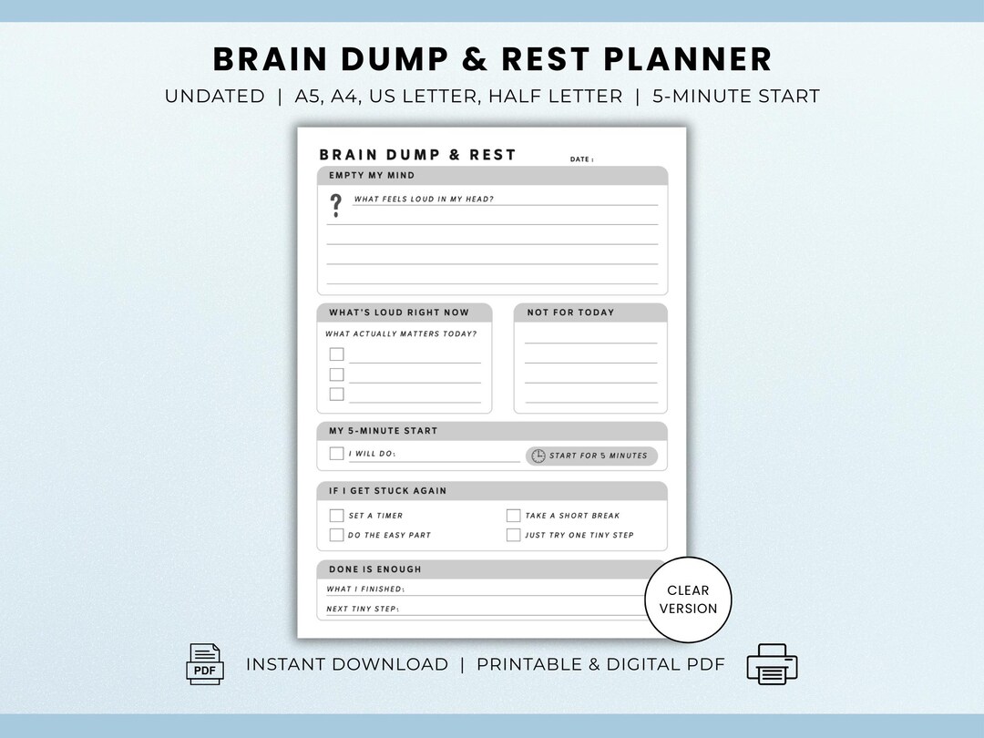 ADHD Brain Dump Printable & Digital PDF | Overwhelm and Executive ...