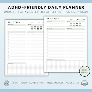 May include: Two undated ADHD-friendly daily planners, one open and one closed, with a green and white design. The planner includes sections for priorities, to-do lists, schedules, and reminders. The text on the image says "ADHD-FRIENDLY DAILY PLANNER".