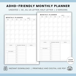 Undated ADHD Monthly Planner Printable Digital PDF | Goals Habit Tracker for Adults