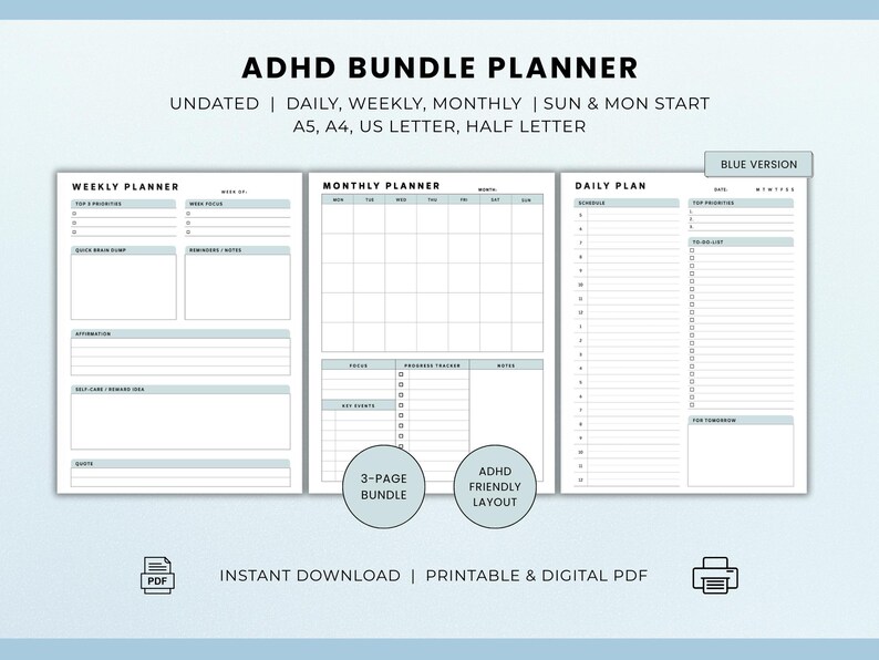 ADHD Planner Bundle Printable Digital PDF | Daily Weekly Monthly for ...