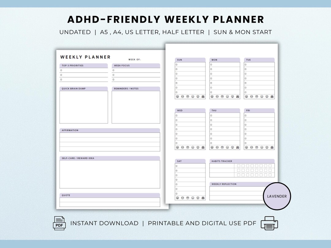 Undated ADHD Weekly Planner Printable Digital Time Blocking Priorities ...