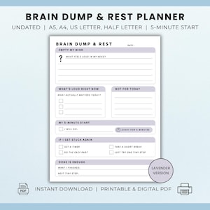 ADHD Brain Dump Printable & Digital PDF | Overwhelm and Executive Dysfunction Reset Worksheet
