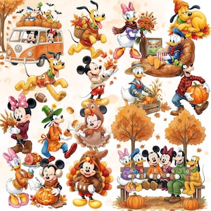 May include: A collection of Disney characters including Mickey, Minnie, Donald, Daisy, Goofy, and Pluto in autumn-themed outfits. They are depicted with pumpkins, fall foliage, a van, and seasonal food items in a vibrant, multi-scene graphic illustration.