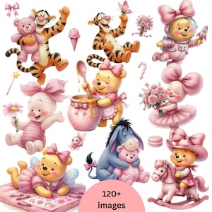 May include: A collection of digital illustrations featuring Winnie the Pooh characters in pink outfits, including Tigger with a teddy bear, Pooh with a honey pot, Piglet with a flower, Eeyore with a bear, and text stating 120+ images.