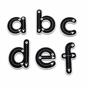 May include: A set of six lowercase letters a, b, c, d, e, and f. Each letter is black with a white border and features a white dashed road-like path with numbered circles and arrows indicating the correct stroke order for writing each letter.