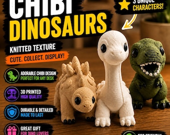 Figura de dinosaurio chibi, coleccionable impreso en 3D con textura tejida, regalo para exhibir en el escritorio.