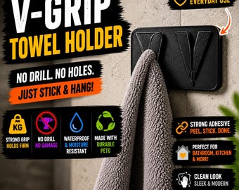 Soporte para toallas con agarre en V – Soporte de pared de PETG impreso en 3D, adhesivo, sin necesidad de taladrar. Organizador de baño.