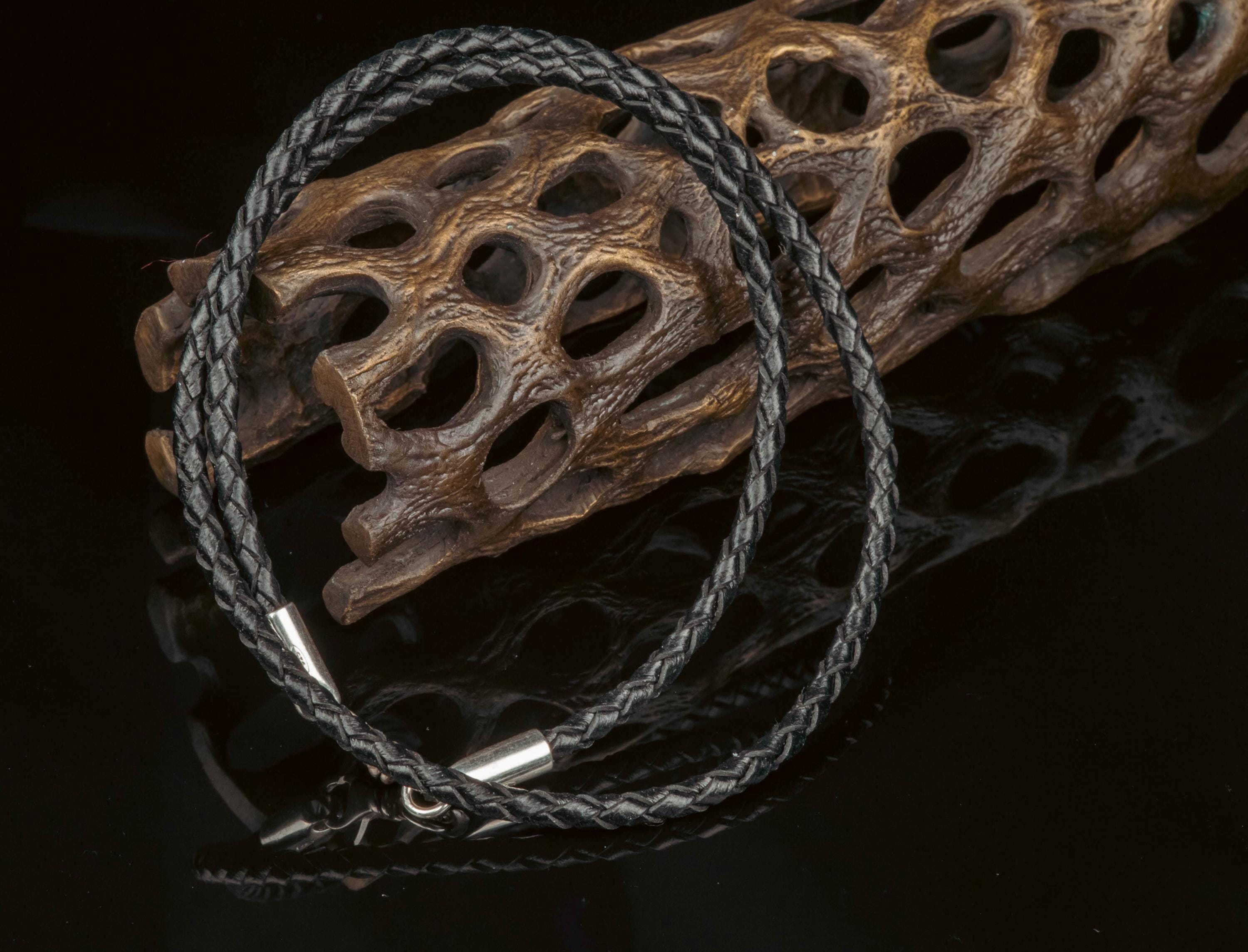 Sterling Silver Black Braided Leather Wrap Bracelet