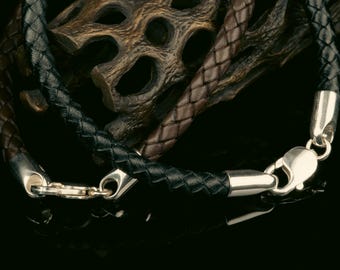 Braided Leather Bracelet: 6mm Black or Brown Sterling Silver Clasp