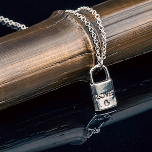 Może przedstawiać: Srebrny naszyjnik z zawieszką w kształcie kłódki. Na kłódce wygrawerowano napis "LOVE" i symbol serca. Łańcuszek jest delikatny i spoczywa na brązowym, teksturowanym tle. Romantyczny dodatek.