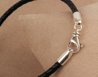 Braided Leather Bracelet with Sterling Silver Clasp - 8 1/2 inches
