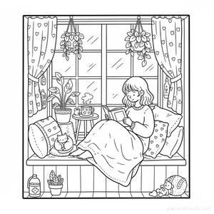 Puede incluir: Ilustraci&oacute;n en blanco y negro de una persona leyendo junto a una ventana. La escena incluye plantas, un gato, almohadas y una taza de t&eacute;, creando un ambiente acogedor. Cortinas con patrones de corazones enmarcan la ventana.