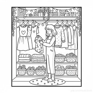 Puede incluir: Ilustraci&oacute;n en blanco y negro de una persona en un armario, sosteniendo una camisa estampada. Vestidos, su&eacute;teres y otras prendas cuelgan de una barra. Estantes debajo contienen ropa doblada y cestas de hilo. La persona lleva zapatillas y est&aacute; de pie sobre una alfombra con estrellas.
